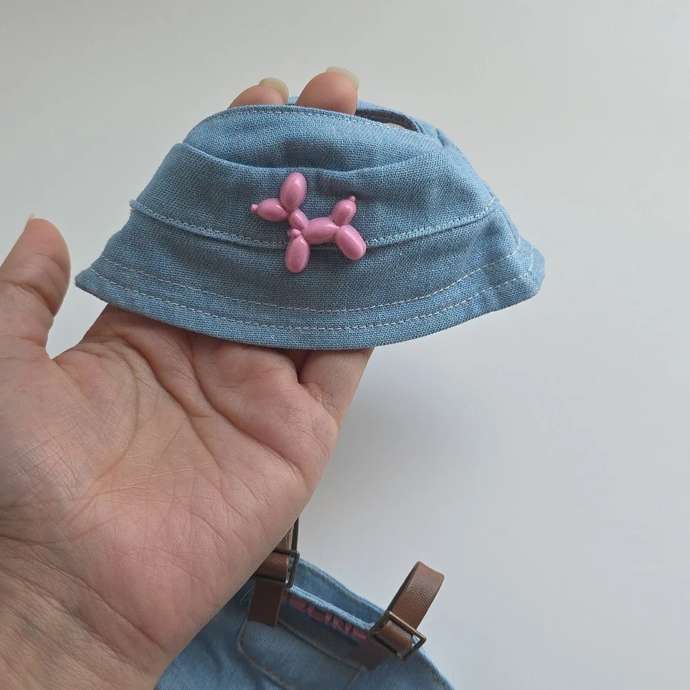 Blue Denim Hat and Shorts Set with Pink Detail Labubu Outfit